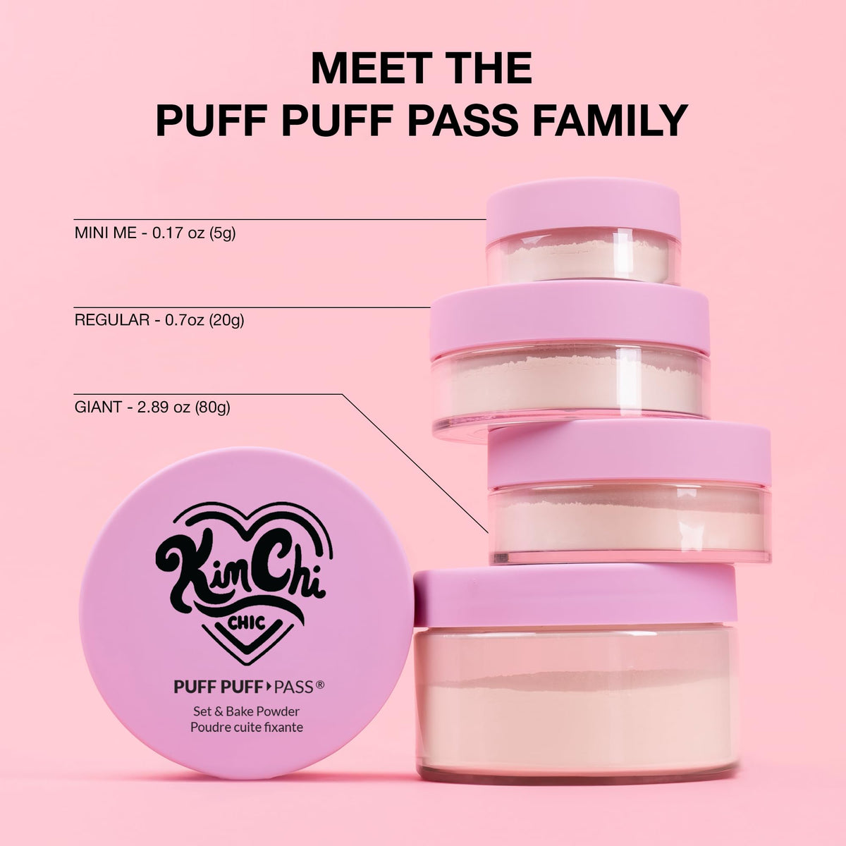 KimChiChic powder in a makeup bag by a mirror for on-the-go touch-ups