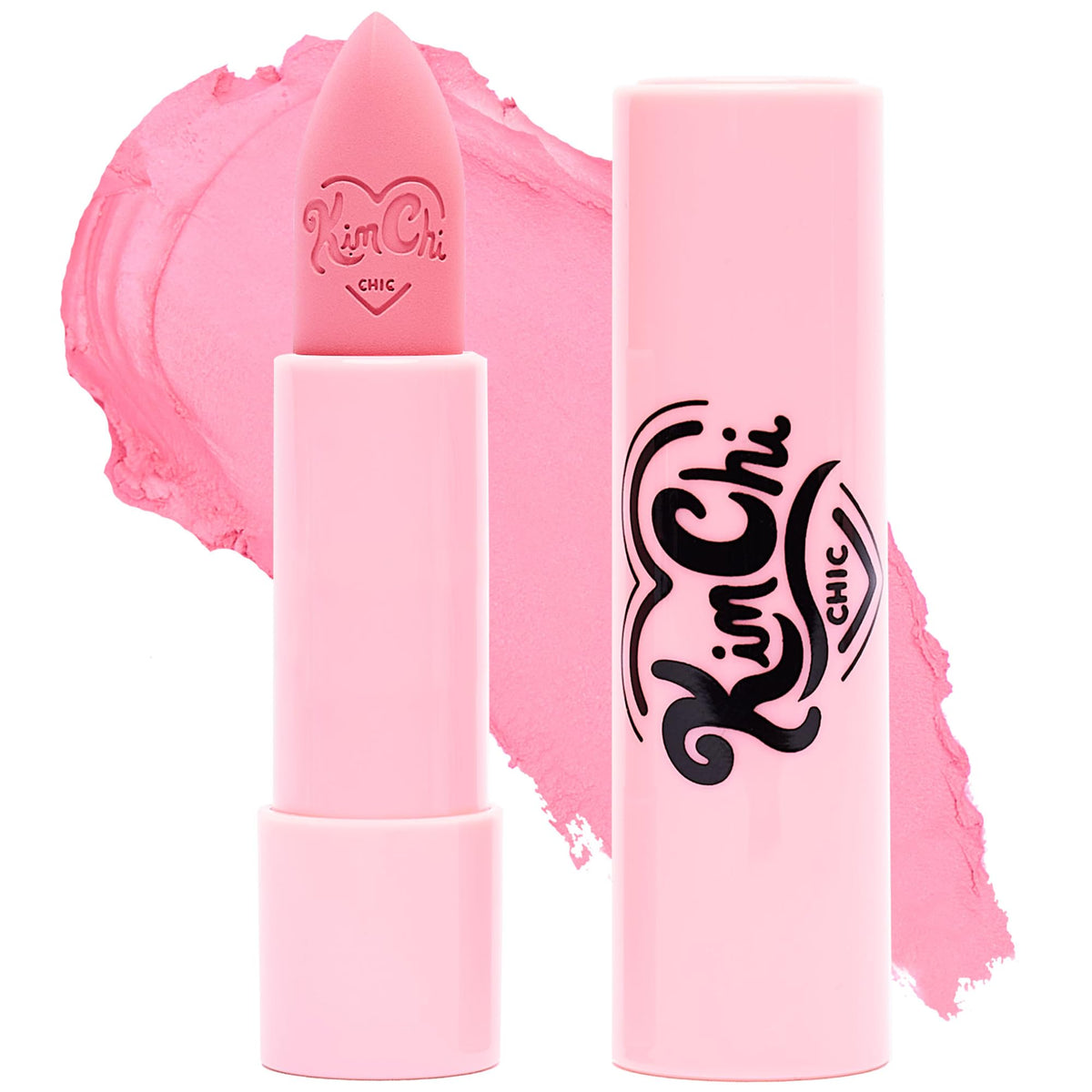 KimChiChic lipstick tube front view showing sleek packaging and bold pink shade