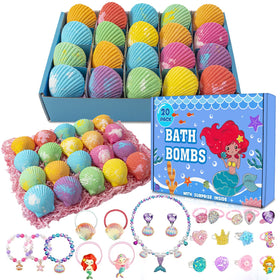 kims cosiart front packaging showing 20 mermaid bath bombs, enticing gift presentation