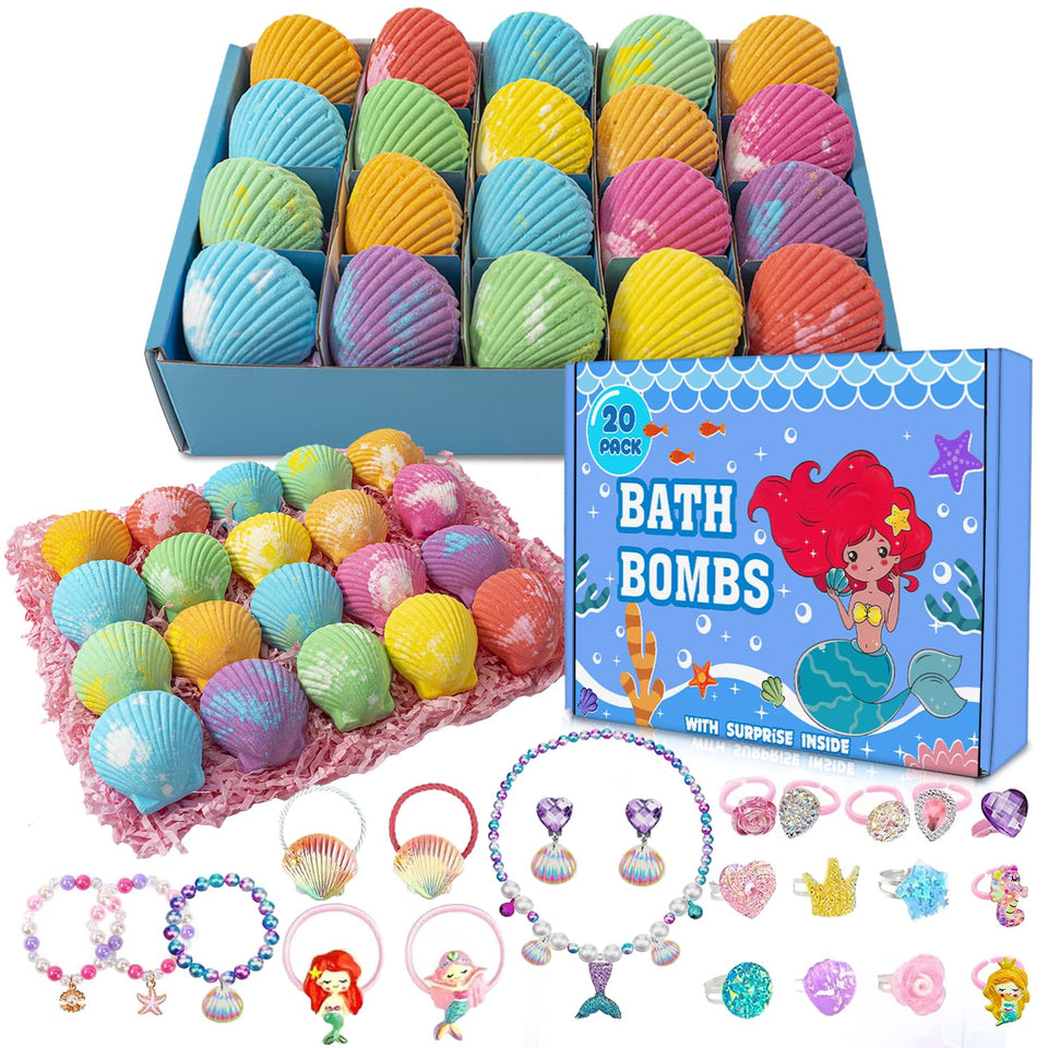 kims cosiart front packaging showing 20 mermaid bath bombs, enticing gift presentation