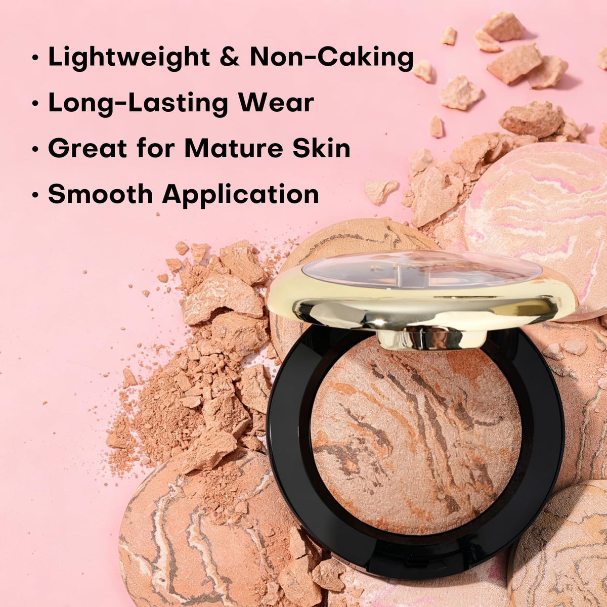 KIMUSE compact open with retractable brush demonstrating easy application and blending