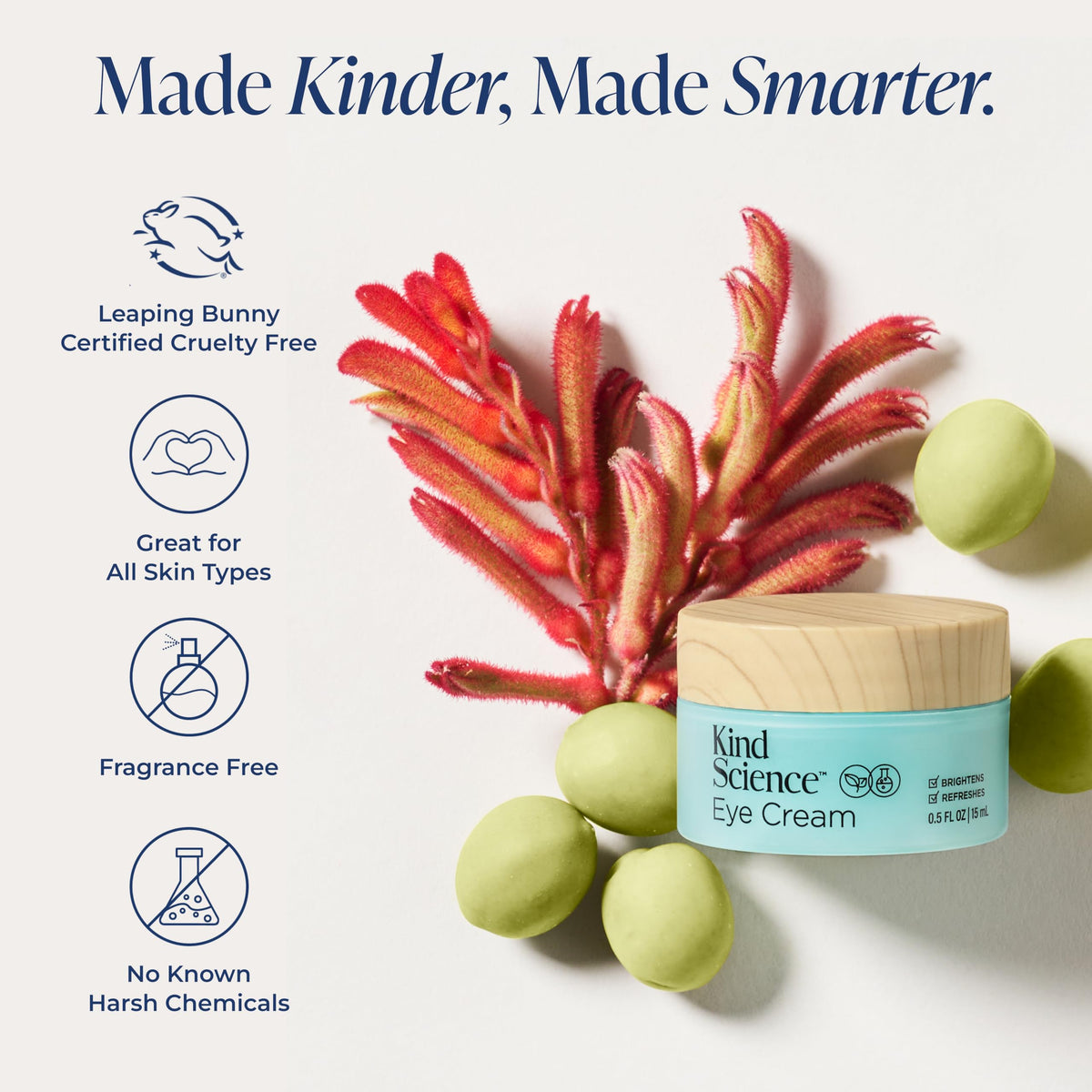 Kind Science eye cream on bathroom shelf in minimalist setting for everyday morning routine