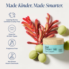 Kind Science eye cream on bathroom shelf in minimalist setting for everyday morning routine