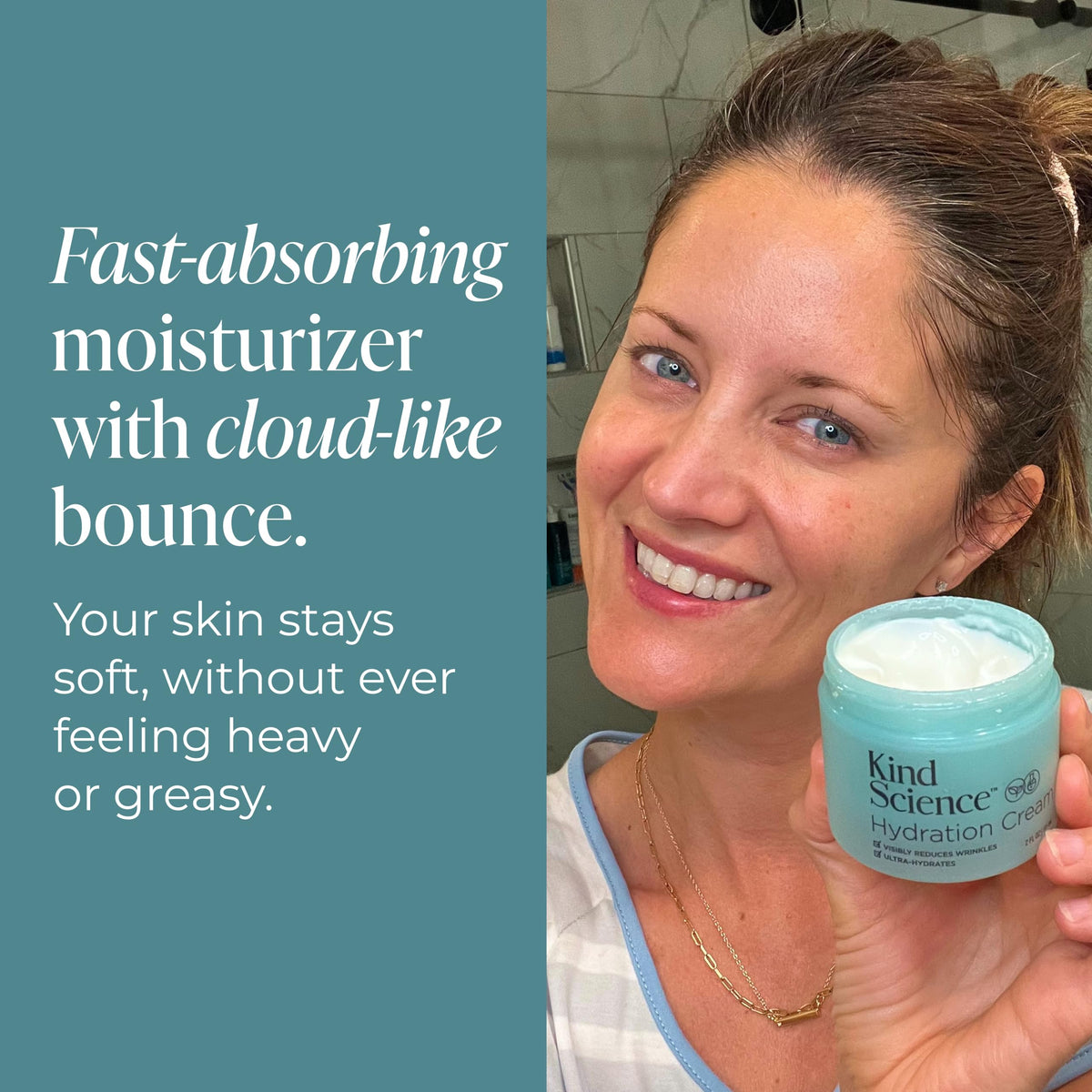 Kind Science jar on bathroom shelf conveying nighttime routine hydration benefit