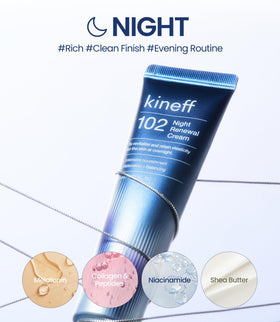 Kineff night cream on a bedside table conveying nighttime restoration and calm