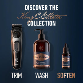 King C. Gillette oil being massaged into beard to soften and condition