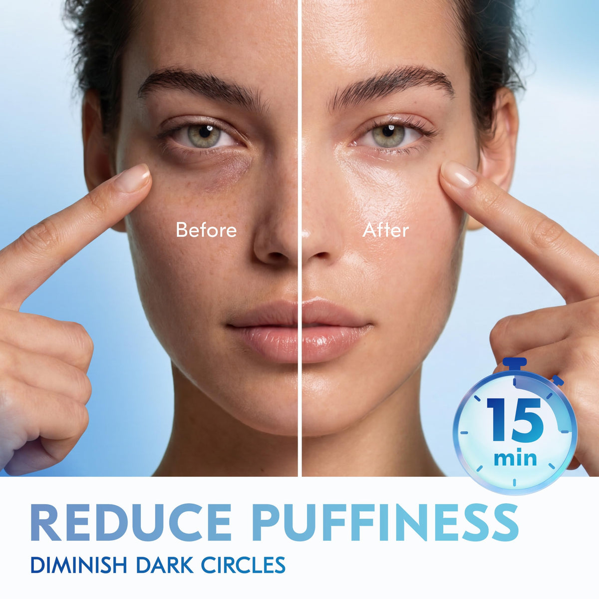 KINPUR patch applied under eye illustrating immediate depuffing effect