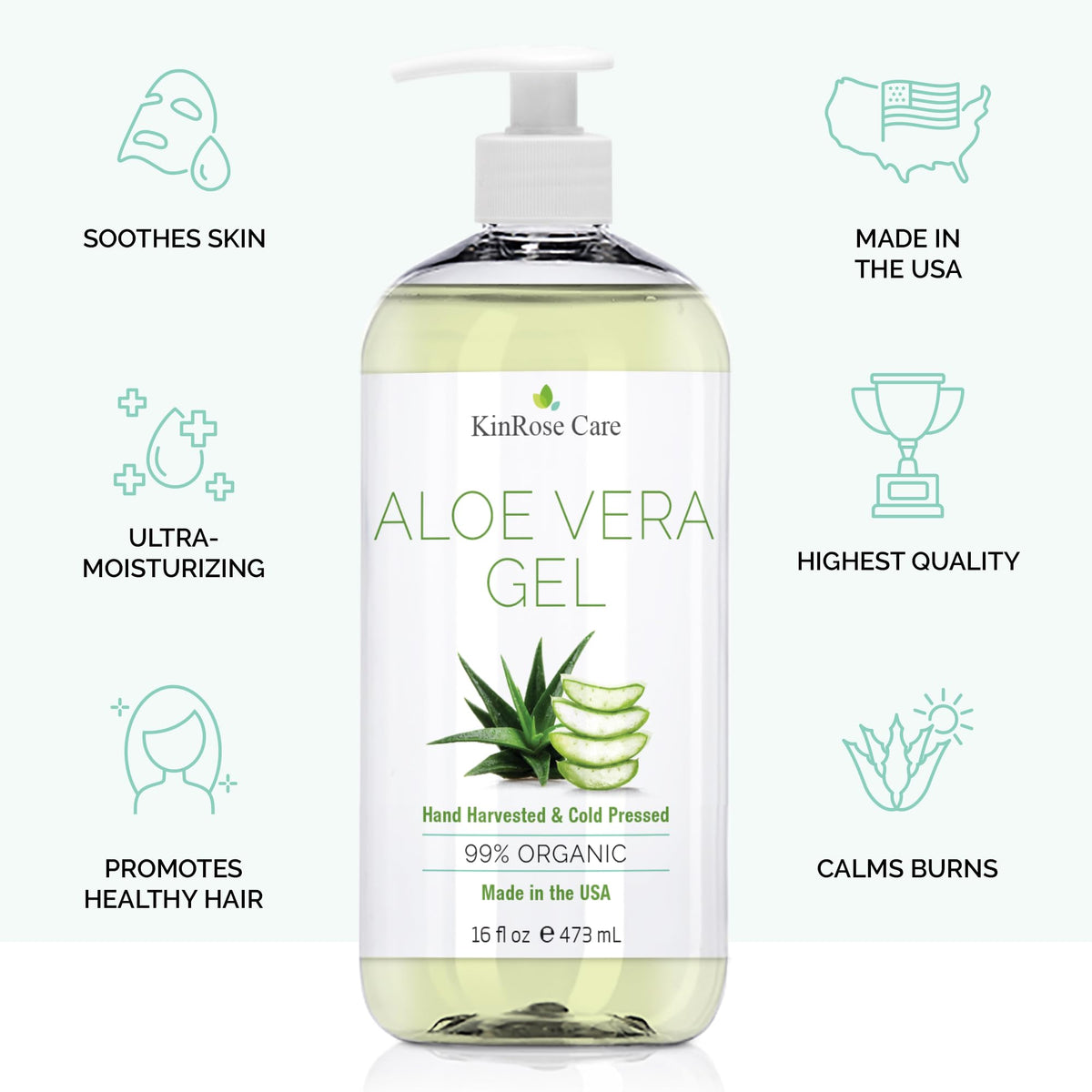 KinRose Care clear aloe gel texture closeup, highlighting pure cold‑pressed quality