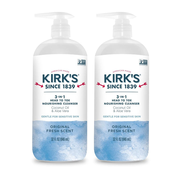 Kirk's front label on 32 oz pump bottle showing product clarity and benefits