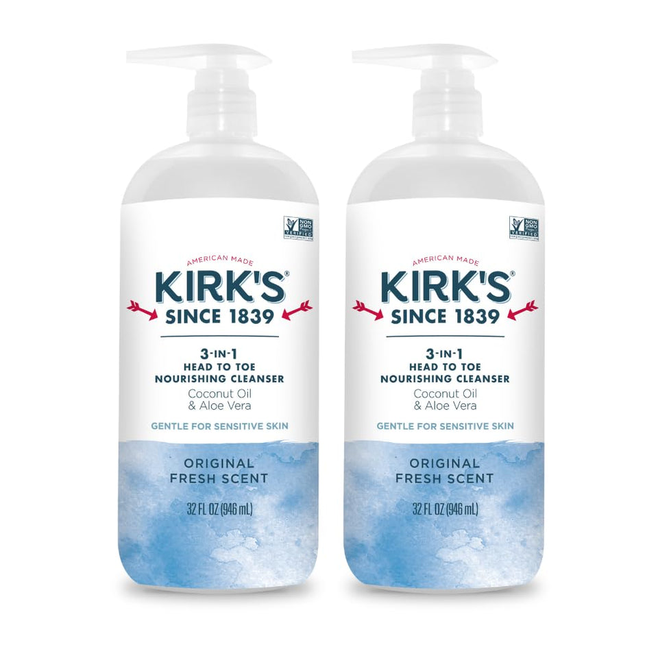 Kirk's front label on 32 oz pump bottle showing product clarity and benefits