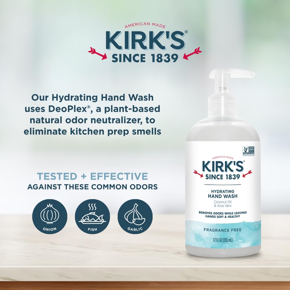 Kirk's bottle label detail highlighting coconut oil, aloe, and DeoPlex