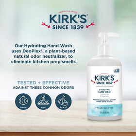 Kirk's bottle label detail highlighting coconut oil, aloe, and DeoPlex