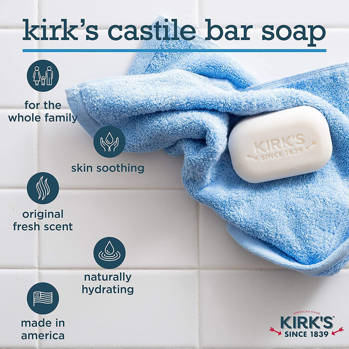 Kirk's castile lather on hands showing gentle foam and effective cleansing
