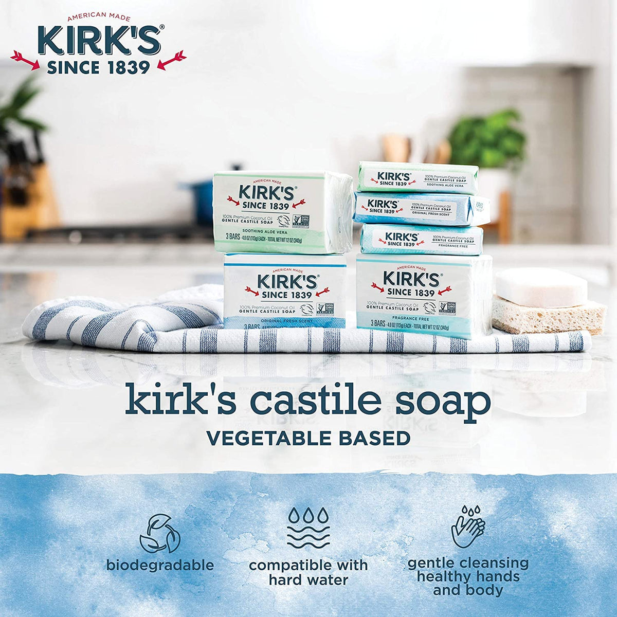 Kirk's castile label close-up showing ingredient simplicity and benefits