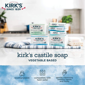 Kirk's castile label close-up showing ingredient simplicity and benefits