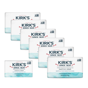 Kirk's front packaging showing six bars and clear ingredients, reassurance of gentle cleanse