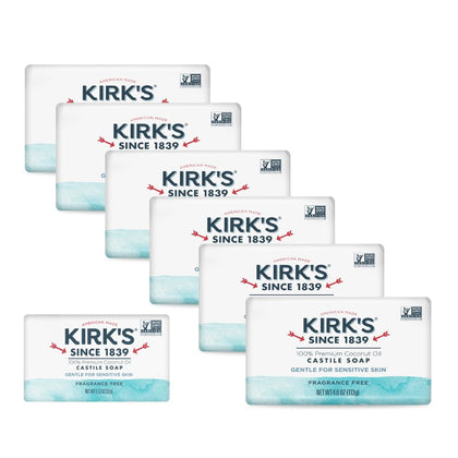 Kirk's front packaging showing six bars and clear ingredients, reassurance of gentle cleanse