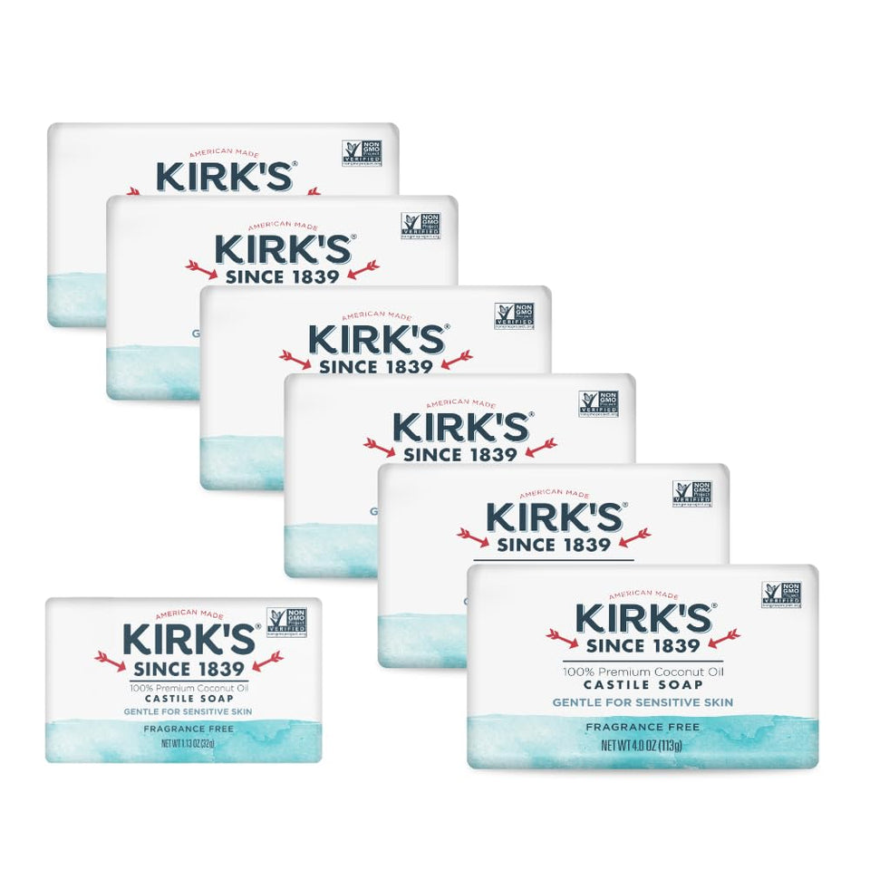 Kirk's front packaging showing six bars and clear ingredients, reassurance of gentle cleanse