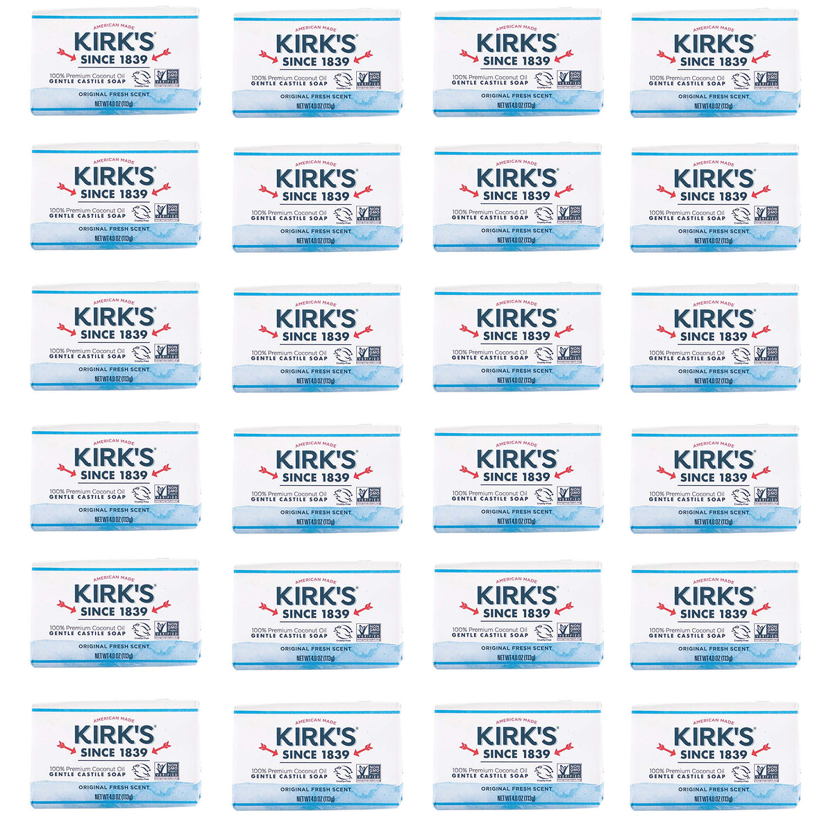Kirk's front packaging showing pack of 24 and fresh scent benefit