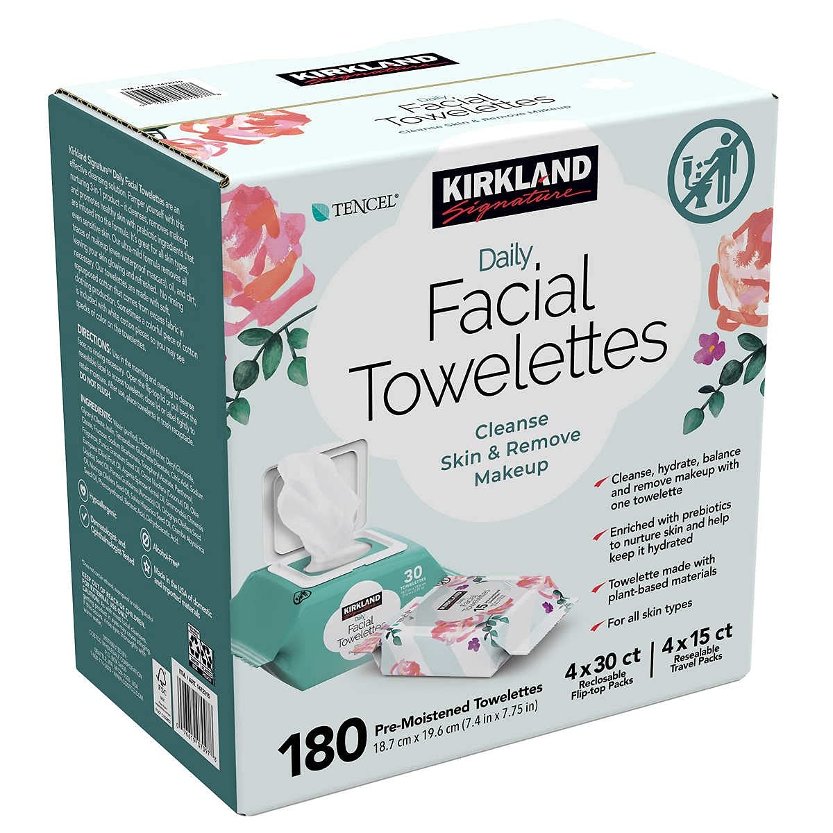 Hand pulling one Kirkland Signature facial towelette from tub demonstrating easy single-handed dispensing