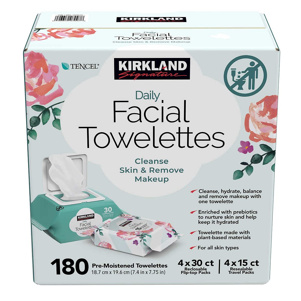 Costco Kirkland Signature tub front view showing 180-count and resealable lid for convenience
