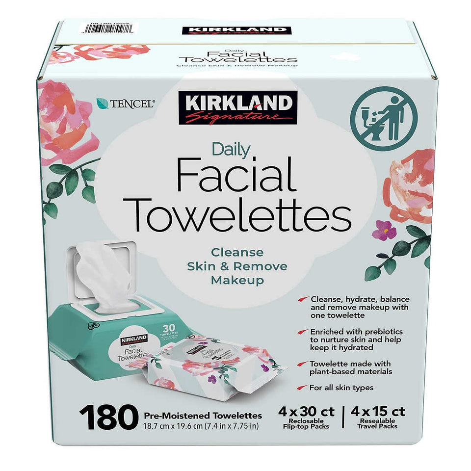 Costco Kirkland Signature tub front view showing 180-count and resealable lid for convenience