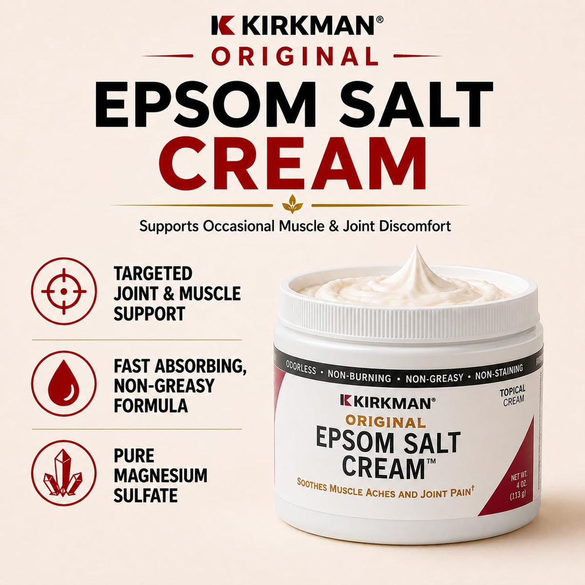 Kirkman open jar texture close-up showing smooth cream and easy skin absorption