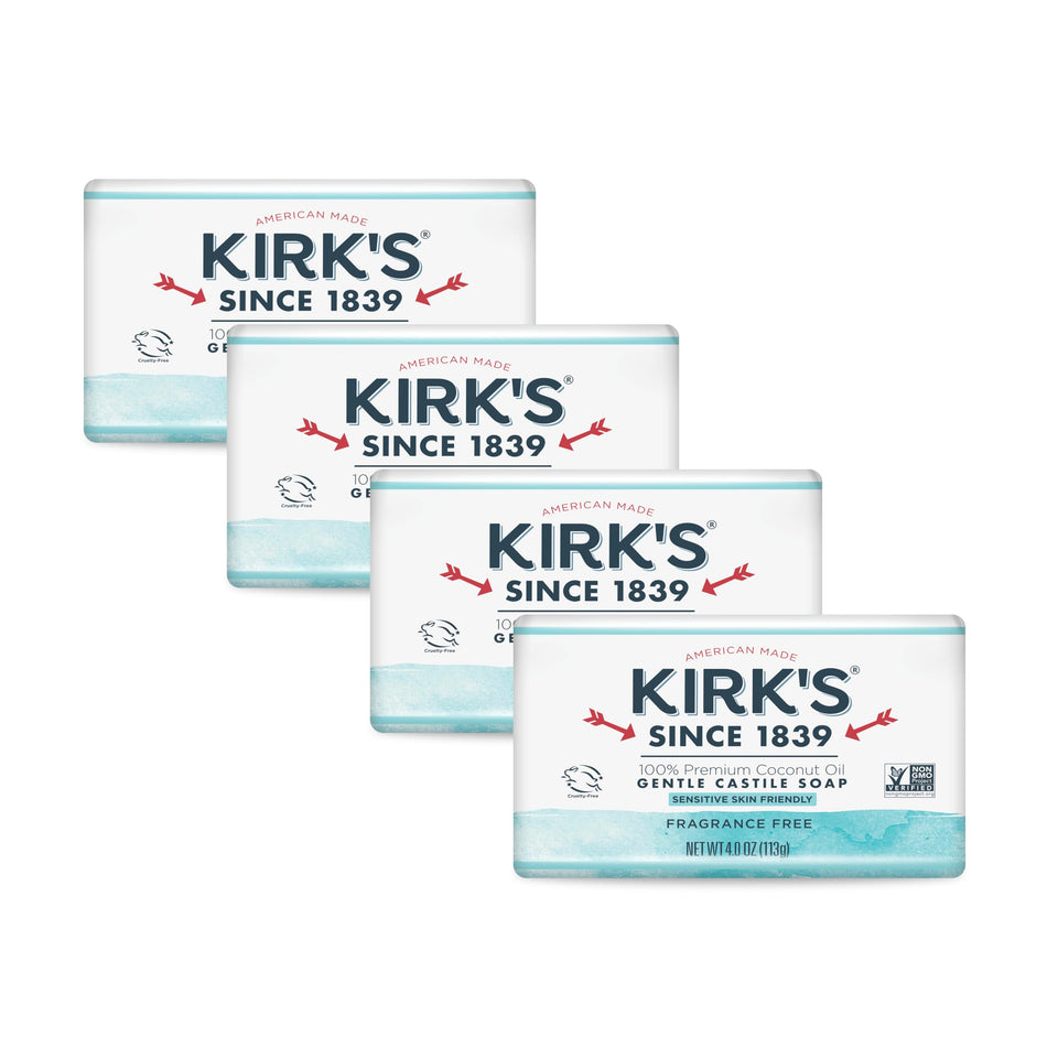 Kirk's front packaging showing unscented 4 oz bars for versatile use