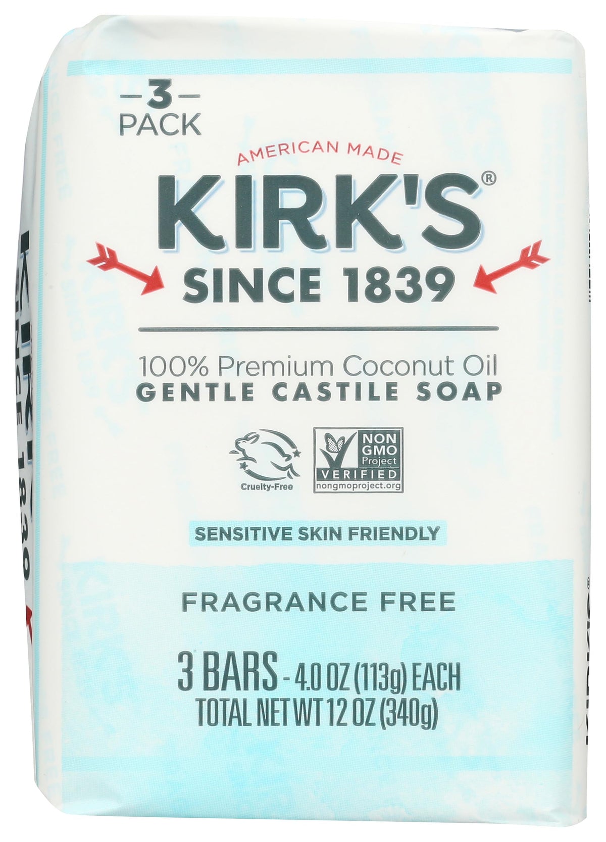 Kirk's front packaging showing three unscented castile bars and benefits