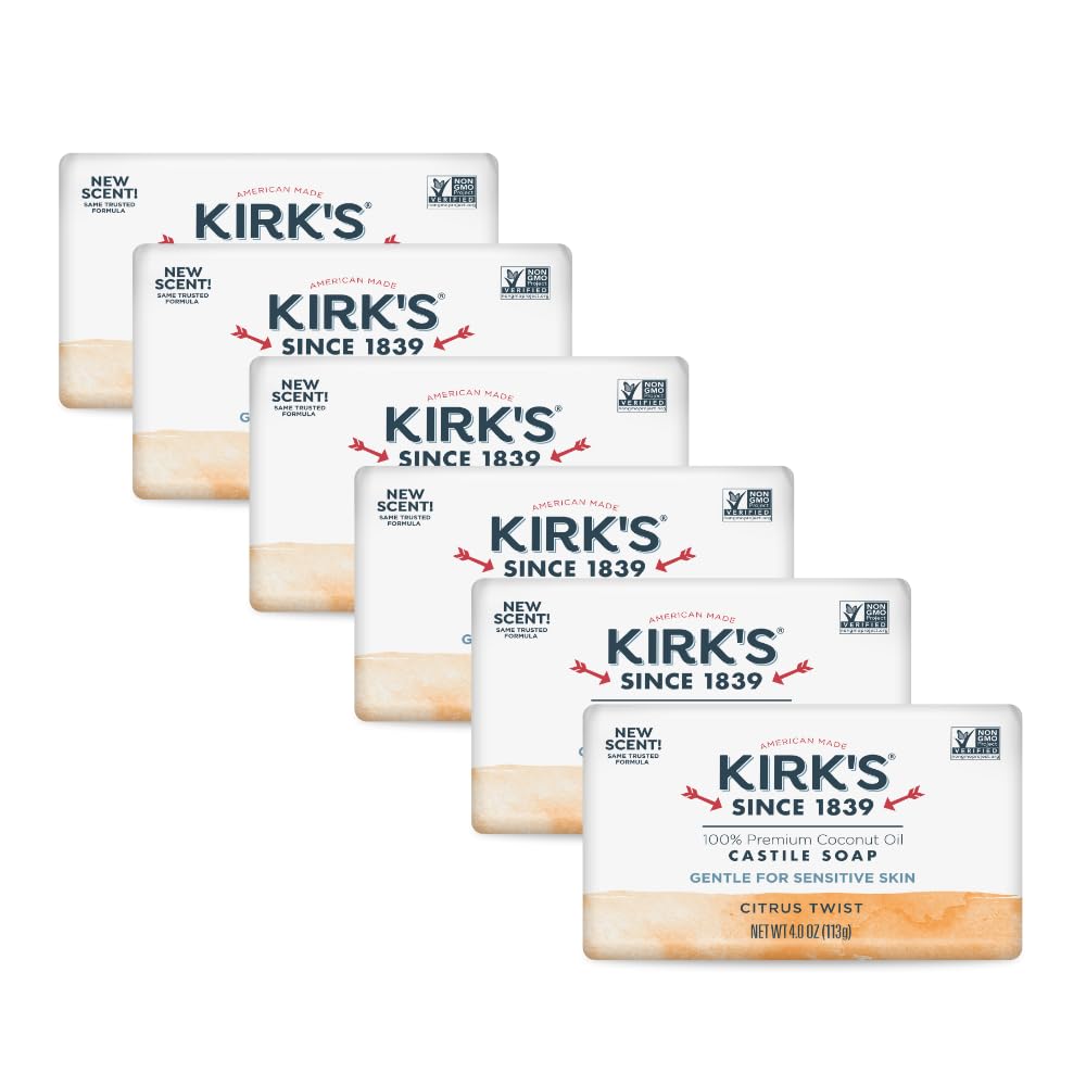 Kirk's Castile front packaging showing six citrus twist bars for reassurance