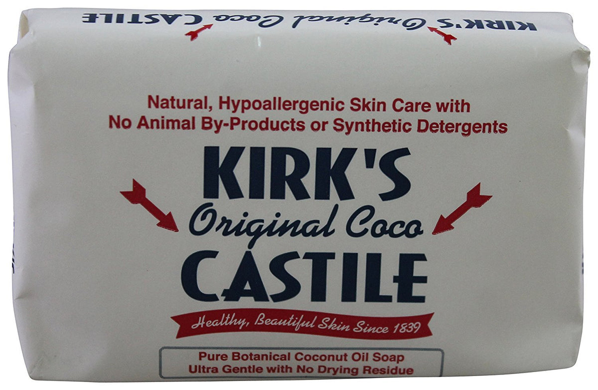Kirk's castile original front packaging shows bar and label, clear ingredient focus