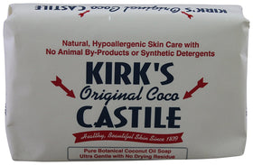Kirk's castile original front packaging shows bar and label, clear ingredient focus