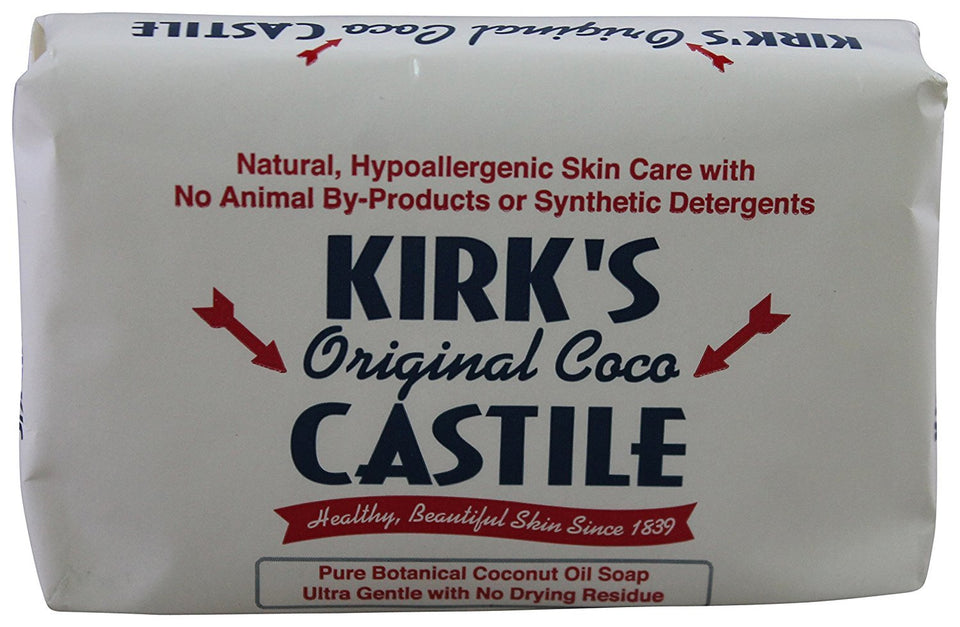 Kirk's castile original front packaging shows bar and label, clear ingredient focus