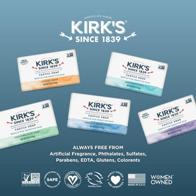 Kirk's packaging detail showing brand heritage and made in USA trust