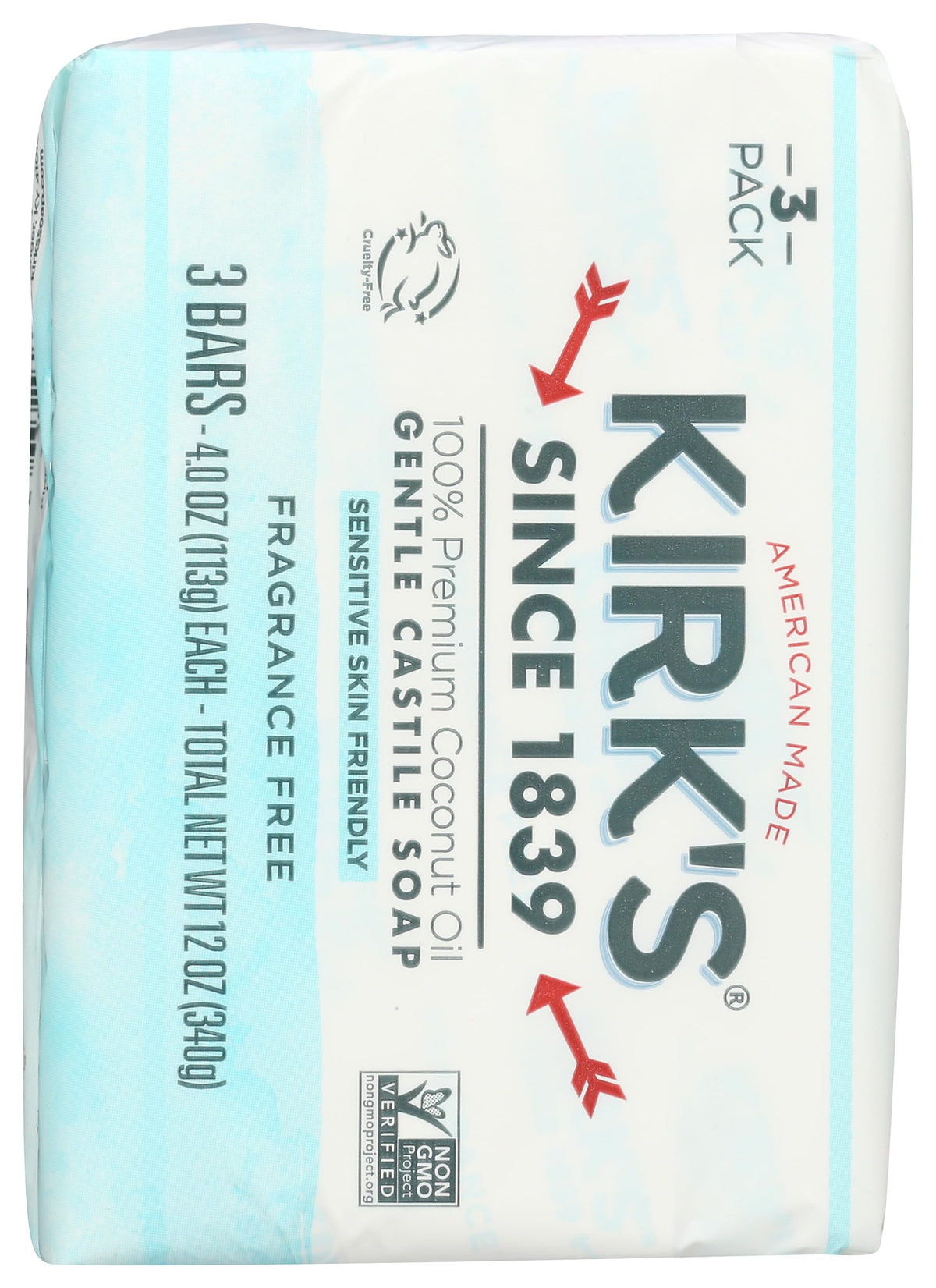 Kirk's single 4 oz. castile bar close-up showing smooth edges for gentle use