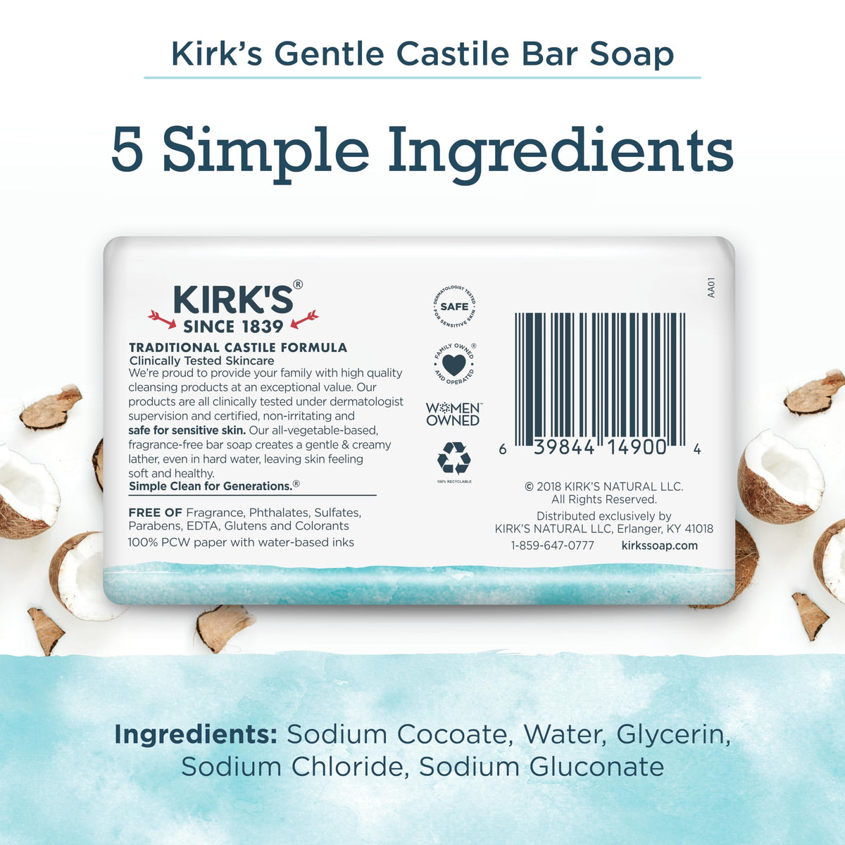 Close-up of a single Kirk's castile soap bar revealing smooth coconut-oil texture and clean edges