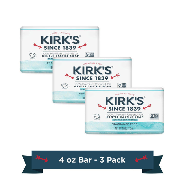 Kirk's front packaging showing pack of three fragrance-free castile bars for simple cleansing