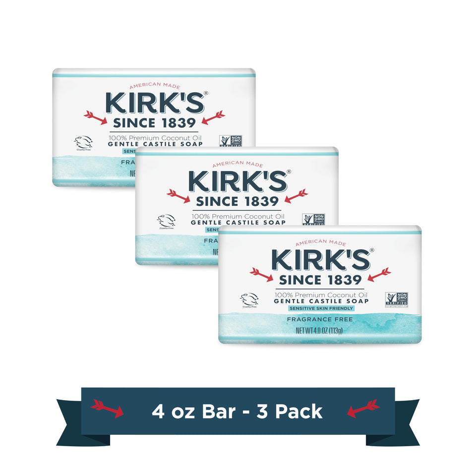 Kirk's front packaging showing pack of three fragrance-free castile bars for simple cleansing