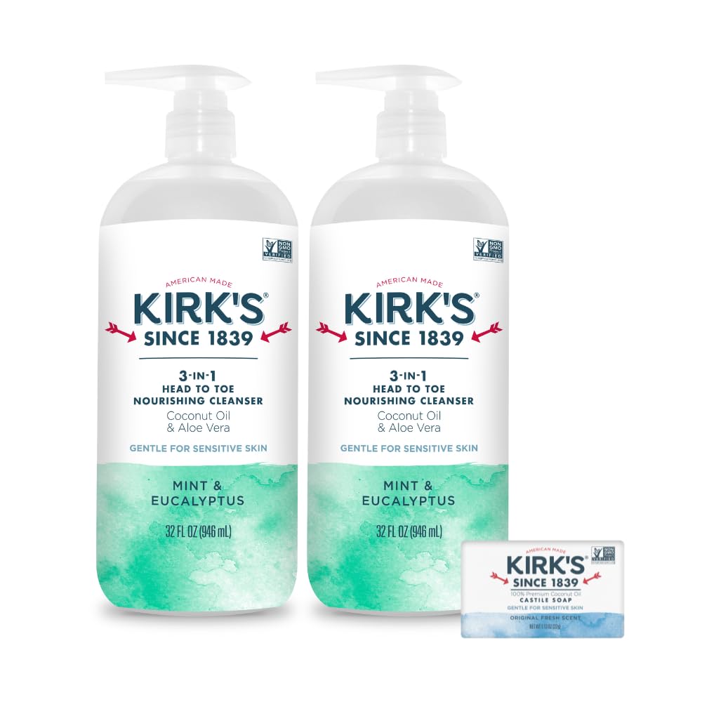 Kirk's front packaging 32oz pump shows product and clear labeling for convenience