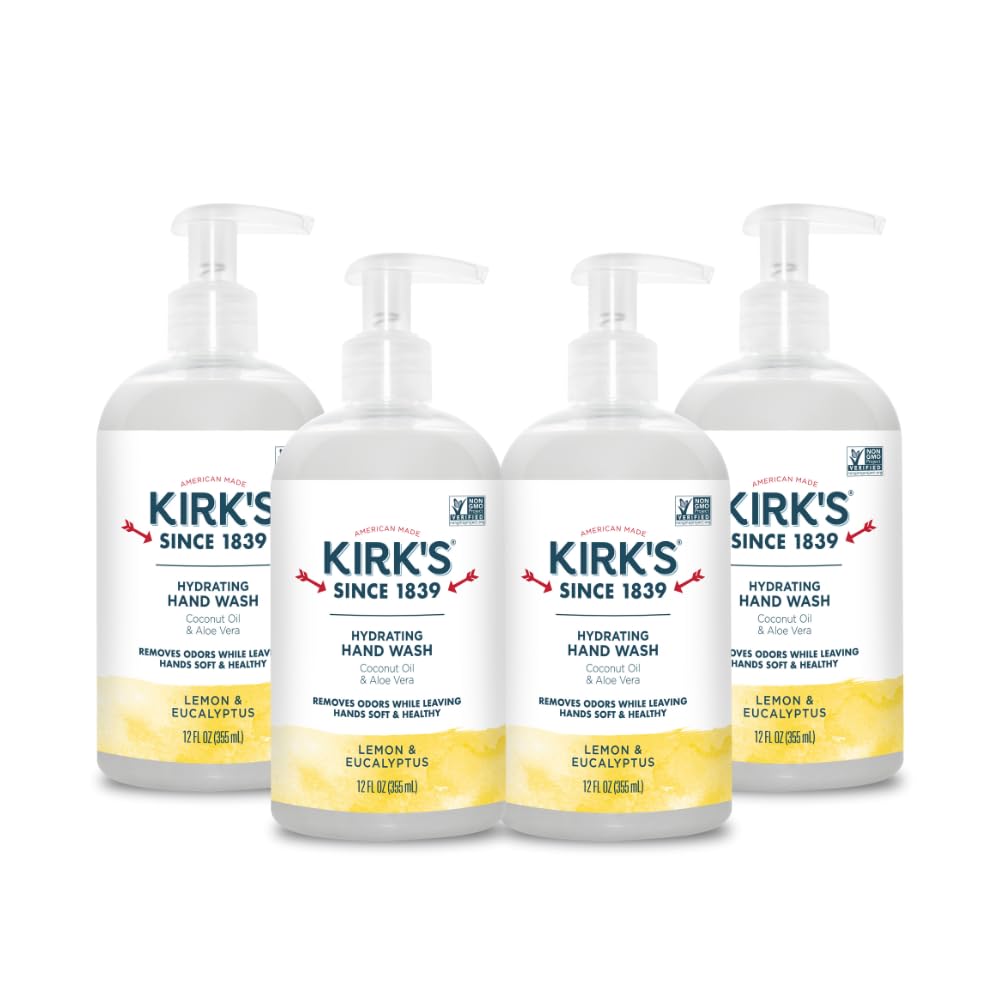 Kirk's front pump bottle lemon eucalyptus showing packaging and easy dispensing benefit