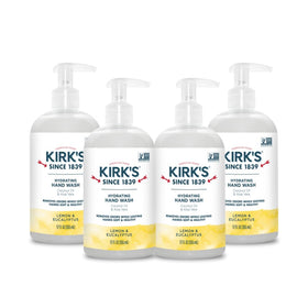 Kirk's front pump bottle lemon eucalyptus showing packaging and easy dispensing benefit