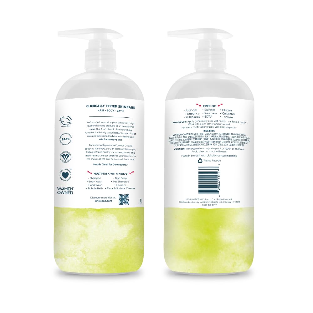Kirk's back label ingredient panel highlighting coconut oil and aloe vera benefits