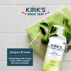Kirk's bottle placed on a shower shelf demonstrating everyday convenience