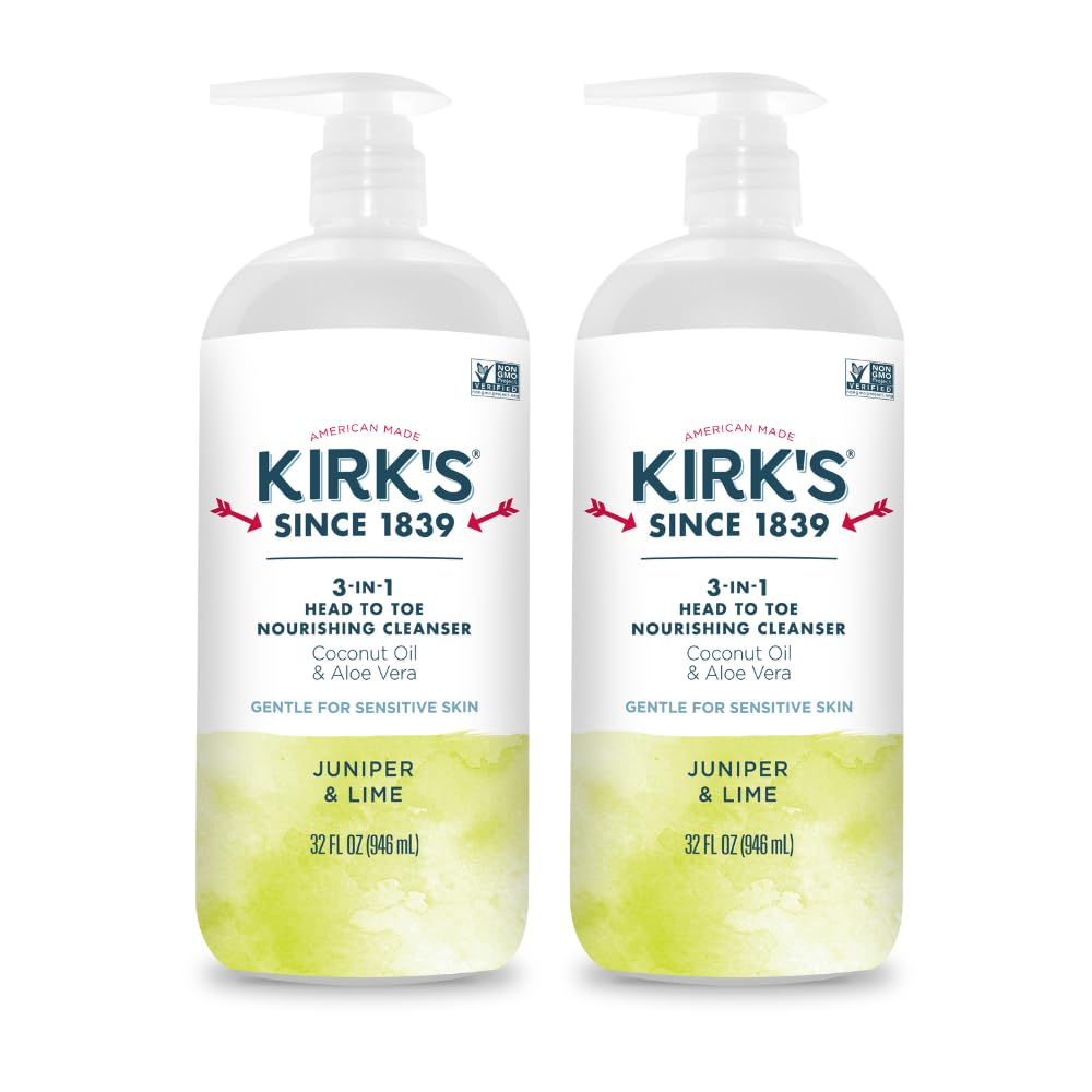 Kirk's front pump bottle showing juniper and lime branding and clear label benefit