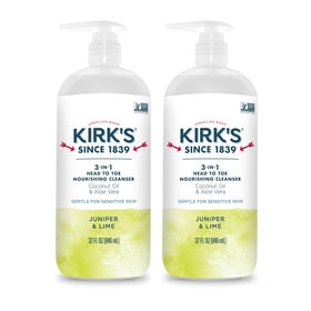 Kirk's front pump bottle showing juniper and lime branding and clear label benefit