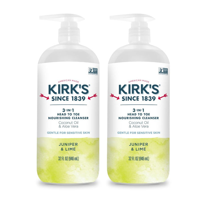 Kirk's front pump bottle showing juniper and lime branding and clear label benefit