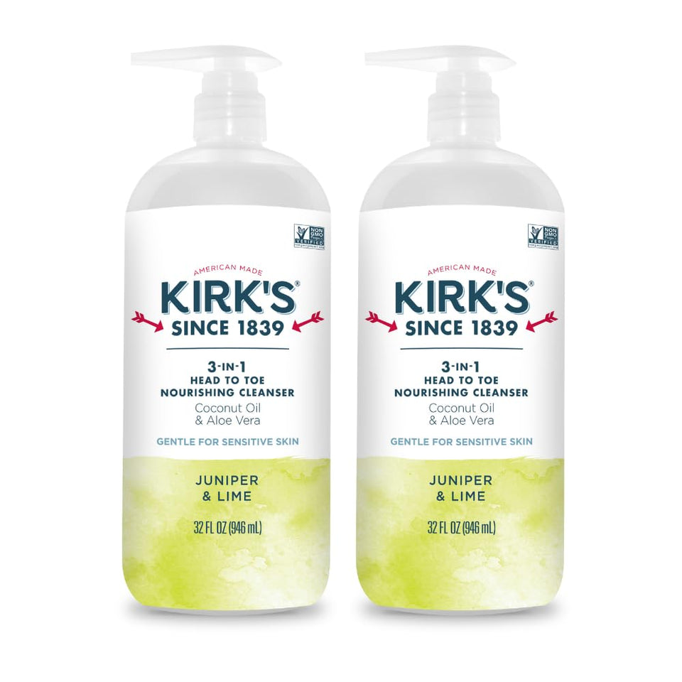 Kirk's front pump bottle showing juniper and lime branding and clear label benefit