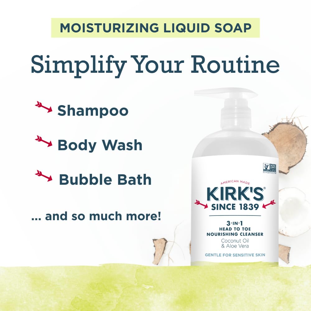 Kirk's pump dispensing cleanser into hand showing easy one-handed use