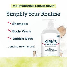 Kirk's pump dispensing cleanser into hand showing easy one-handed use