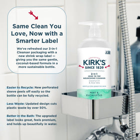 Kirk's label detail emphasizing vegan, non-GMO, sulfate-free claims on bottle